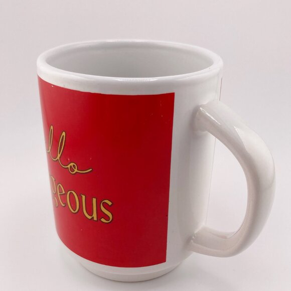 VINTAGE red gold white Hello Gorgeous ceramic mug ~ 1970s 1980s small coffee cup - Picture 4 of 9